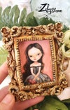 'Carmenita' : Miniature gouache+oils painting inside handmade clay frame 3.15x3.93''