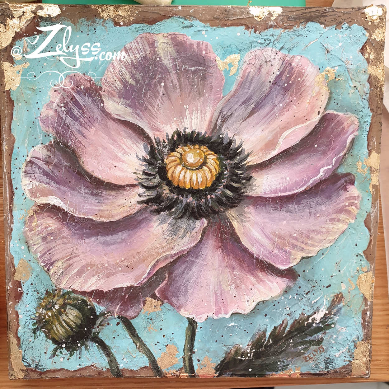 'Anemone flower' ( mural al fresco with gold leaf - acrylics painting) 8x8"/20x20cm
