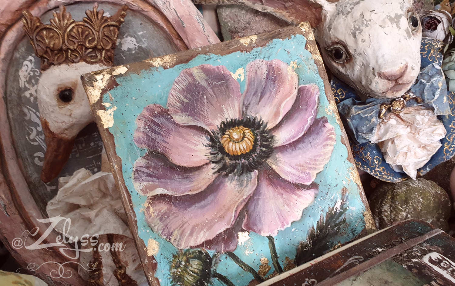 'Anemone flower' ( mural al fresco with gold leaf - acrylics painting) 8x8"/20x20cm - Image 3